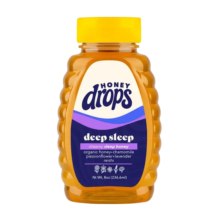 Honey Drops deep sleep honey bottle on a white background