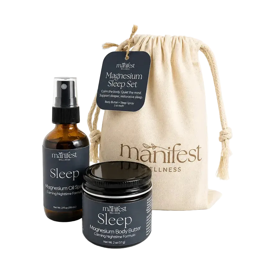 Manifest Wellness magnesium sleep set with oil, spray, and body butter on a white background