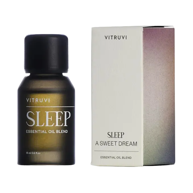 Vitruvi Sleep essential oil blend bottle and packaging on a white background
